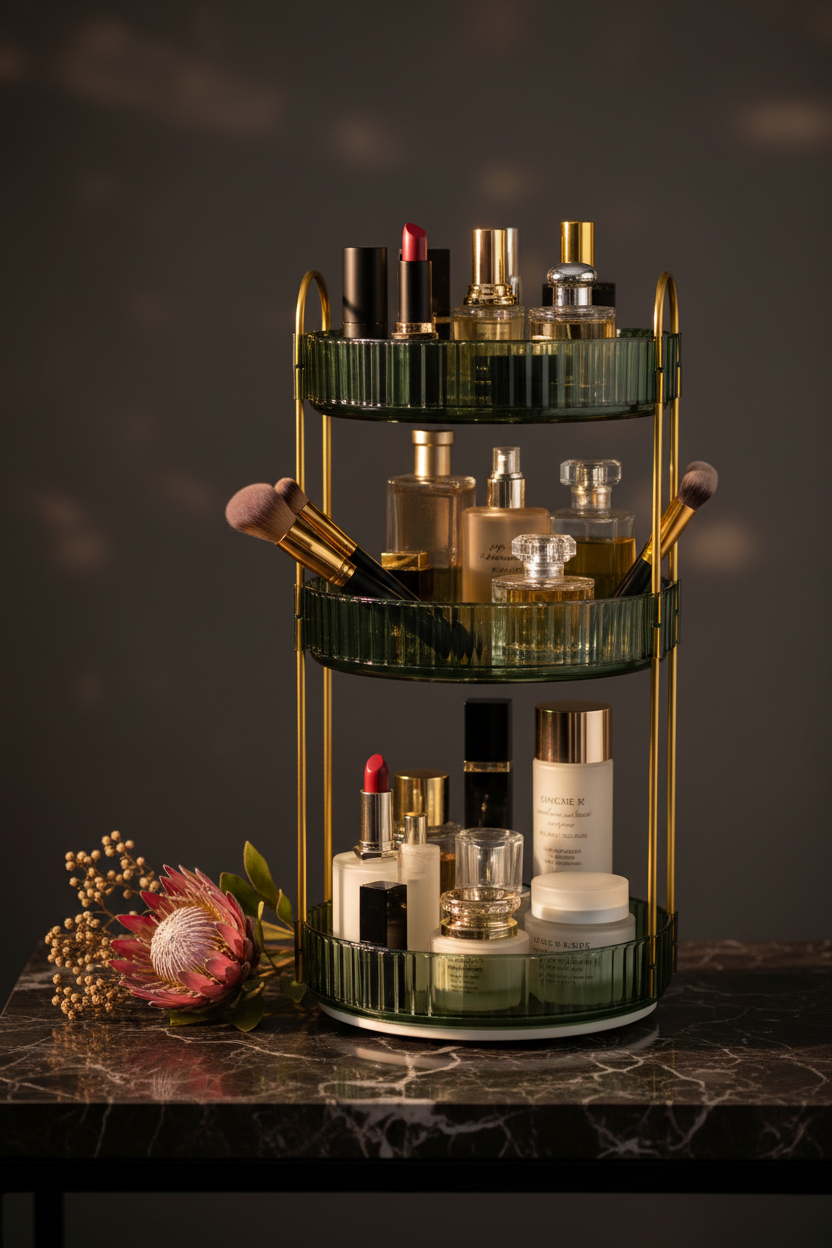 3-Tier Rotating Makeup Organizer Tray – Luxury Lifestyle Editorial Shot