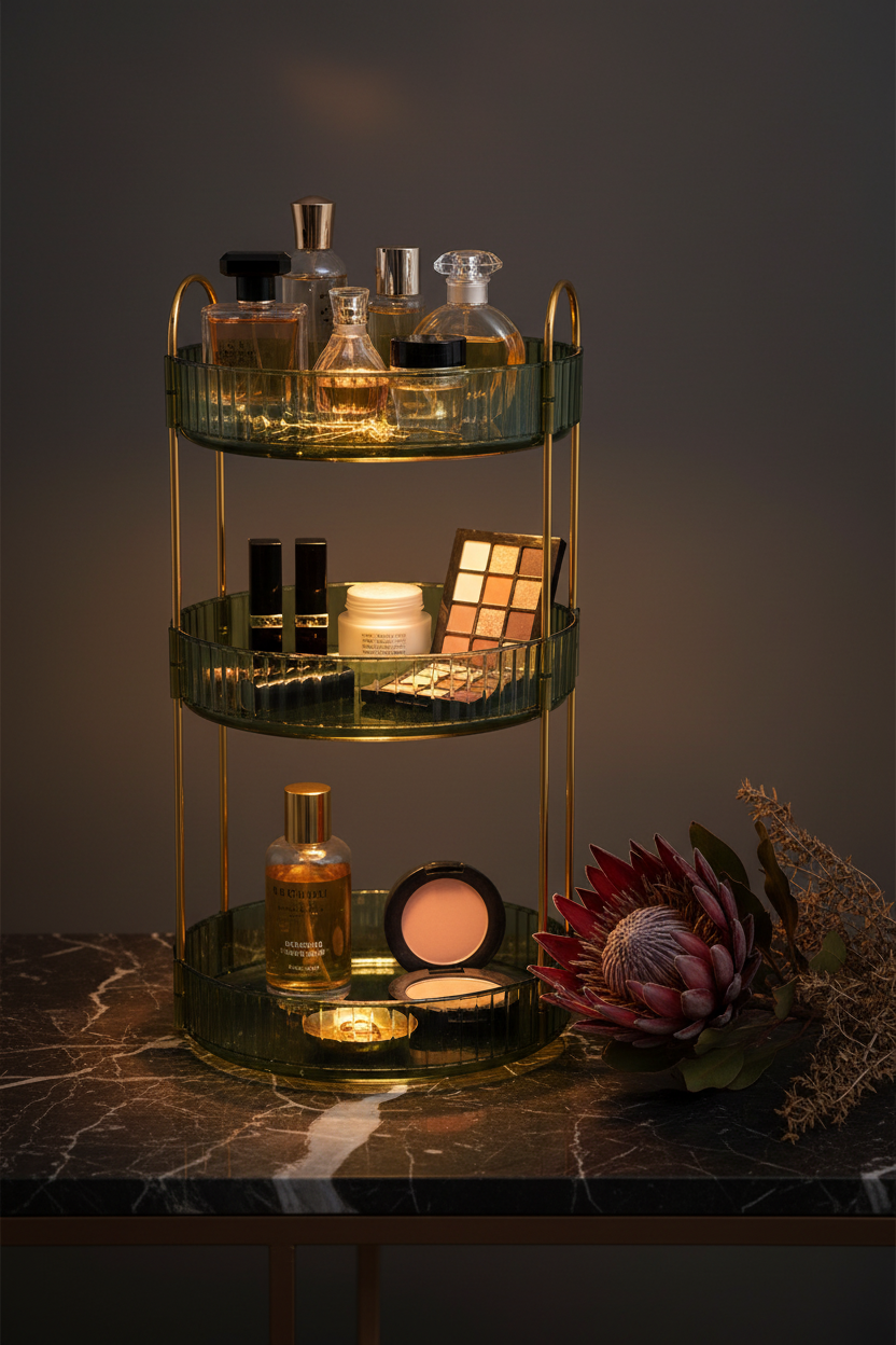 3-Tier Rotating Makeup Organizer Tray – Luxury Vanity Editorial Shot