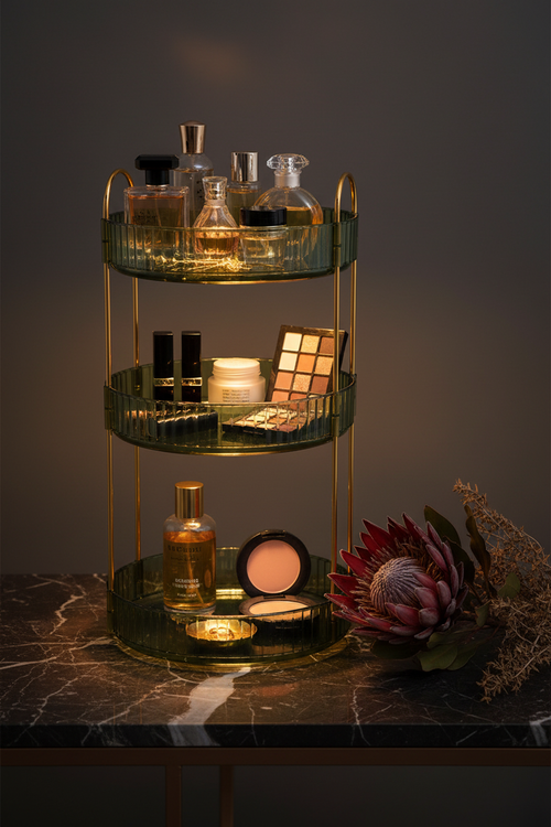 3-Tier Rotating Makeup Organizer Tray – Luxury Vanity Editorial Shot