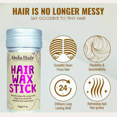 Dola Hair wax stick with product features on a light gray background