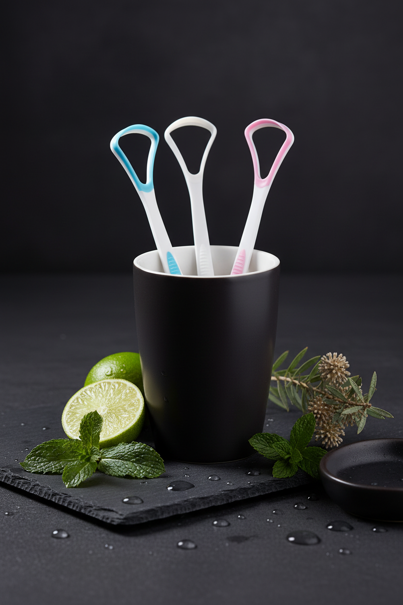 Tongue Scraper Set – Luxury Wellness Lifestyle Editorial Shot