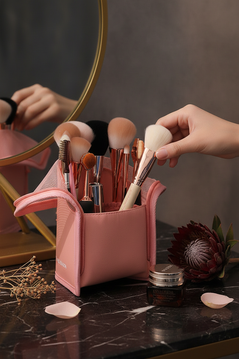 Waterproof Foldable Makeup Brush Case – Luxury Lifestyle Editorial Shot