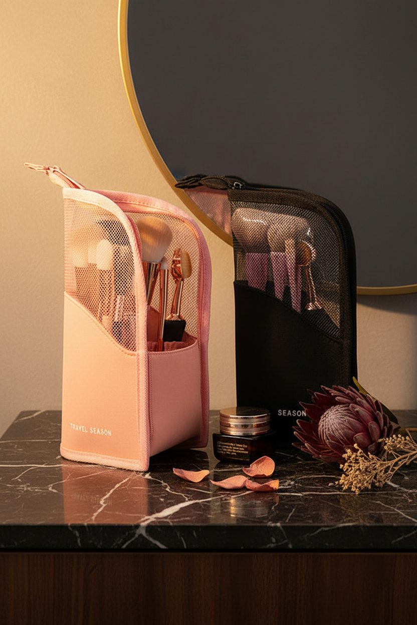 Waterproof Foldable Makeup Brush Case – Pink & Black Duo Editorial Shot